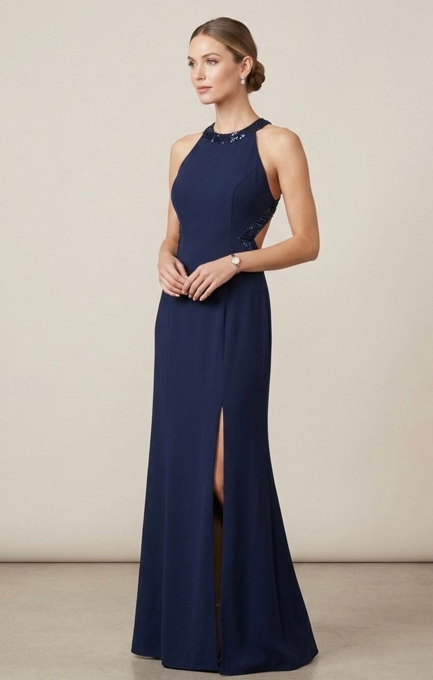 Dave & Johnny Vintage 90s Prom Dress Navy Blue Sequin‎ Halter Open Back Maxi 4